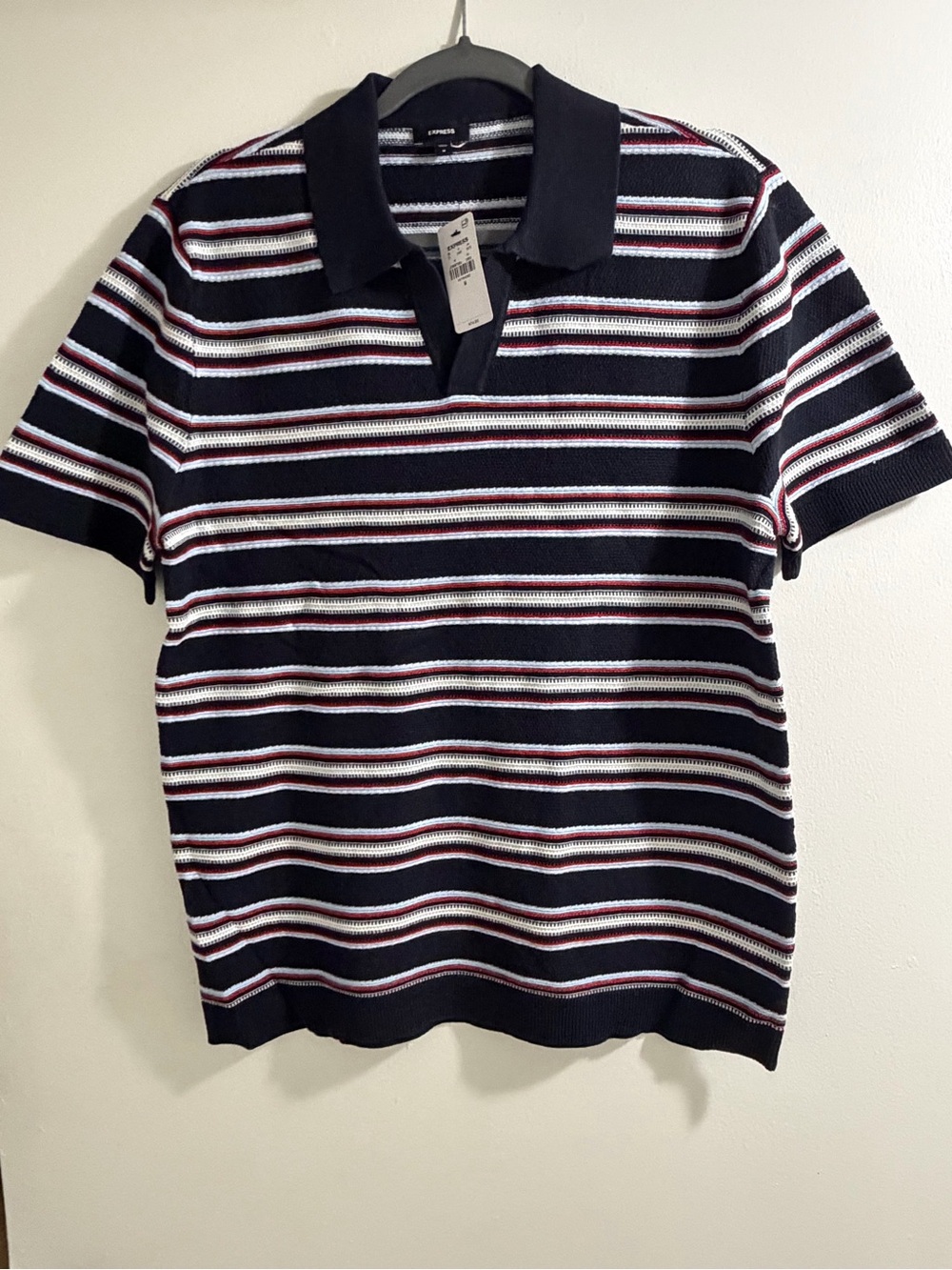 Express Navy Polo with White & Burgundy Stripes